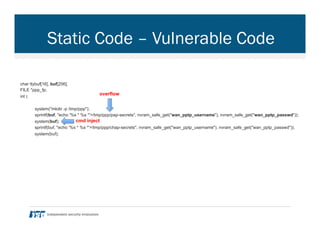 Static Code – Vulnerable Code
char ttybuf[16], buf[256];
FILE *ppp_fp;
int i;
system("mkdir -p /tmp/ppp");
sprintf(buf, "echo '%s * %s *'>/tmp/ppp/pap-secrets", nvram_safe_get("wan_pptp_username"), nvram_safe_get("wan_pptp_passwd"));
system(buf);
sprintf(buf, "echo '%s * %s *'>/tmp/ppp/chap-secrets", nvram_safe_get("wan_pptp_username"), nvram_safe_get("wan_pptp_passwd"));
system(buf);
overflow
cmd inject
 