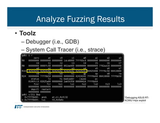 Analyze Fuzzing Results
•  Toolz
– Debugger (i.e., GDB)
– System Call Tracer (i.e., strace)
*Debugging ASUS RT-
AC66U mips exploit
 