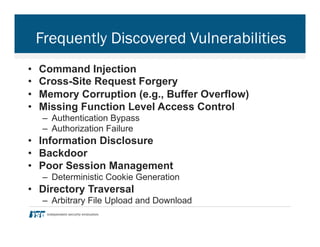 Frequently Discovered Vulnerabilities
•  Command Injection
•  Cross-Site Request Forgery
•  Memory Corruption (e.g., Buffer Overflow)
•  Missing Function Level Access Control
–  Authentication Bypass
–  Authorization Failure
•  Information Disclosure
•  Backdoor
•  Poor Session Management
–  Deterministic Cookie Generation
•  Directory Traversal
–  Arbitrary File Upload and Download
 