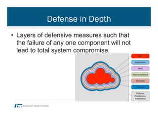 Defense in Depth
•  Layers of defensive measures such that
the failure of any one component will not
lead to total system compromise.
 