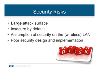 Security Risks
•  Large attack surface
•  Insecure by default
•  Assumption of security on the (wireless) LAN
•  Poor security design and implementation
 