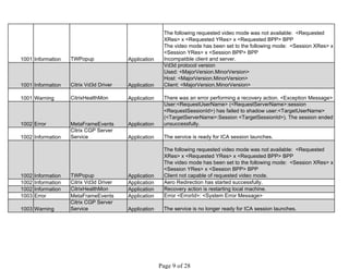 1001 Information TWPopup Application
The following requested video mode was not available: <Requested
XRes> x <Requested YRes> x <Requested BPP> BPP
The video mode has been set to the following mode: <Session XRes> x
<Session YRes> x <Session BPP> BPP
Incompatible client and server.
1001 Information Citrix Vd3d Driver Application
Vd3d protocol version
Used: <MajorVersion.MinorVersion>
Host: <MajorVersion.MinorVersion>
Client: <MajorVersion.MinorVersion>
1001 Warning CitrixHealthMon Application There was an error performing a recovery action. <Exception Message>
1002 Error MetaFrameEvents Application
User:<RequestUserName> (<RequestServerName>:session
<RequestSessionId>) has failed to shadow user:<TargetUserName>
(<TargetServerName>:Session <TargetSessionId>). The session ended
unsuccessfully.
1002 Information
Citrix CGP Server
Service Application The service is ready for ICA session launches.
1002 Information TWPopup Application
The following requested video mode was not available: <Requested
XRes> x <Requested YRes> x <Requested BPP> BPP
The video mode has been set to the following mode: <Session XRes> x
<Session YRes> x <Session BPP> BPP
Client not capable of requested video mode.
1002 Information Citrix Vd3d Driver Application Aero Redirection has started successfully.
1002 Information CitrixHealthMon Application Recovery action is restarting local machine.
1003 Error MetaFrameEvents Application Error <ErrorId>: <System Error Message>
1003 Warning
Citrix CGP Server
Service Application The service is no longer ready for ICA session launches.
 