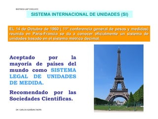 BIOFISICA UAP CHICLAYO


                 SISTEMA INTERNACIONAL DE UNIDADES (SI)


EL 14 de Octubre de 1960 ( 11ª conferencia general de pesas y medidas)
reunida en París-Francia se da a conocer oficialmente un sistema de
unidades basado en el sistema métrico decimal.



Aceptado    por    la
mayoría de países del
mundo como SISTEMA
LEGAL DE UNIDADES
DE MEDIDA.
Recomendado por las
Sociedades Científicas.
   DR. CARLOS AZAÑERO INOPE