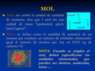 BIOFISICA UAP CHICLAYO



                              MOL
Antes no existía la unidad de cantidad
de sustancia, sino que 1 mol era una
unidad de masa quot;gramomol, gmol,
kmol, kgmol“.
Ahora se define como la cantidad de sustancia de un
sistema que contiene un número de entidades elementales
igual al número de átomos que hay en 0,012 kg de
carbono-12.
                     NOTA: Cuando se emplee el
                             mol, deben especificarse las
                             unidades elementales, que
                             pueden ser átomos, moléculas,
                             iones …
  DR. CARLOS AZAÑERO INOPE