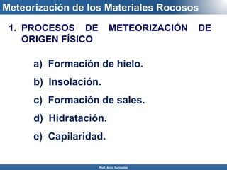 1. PROCESOS DE METEORIZACIÓN DE
ORIGEN FÍSICO
a) Formación de hielo.
b) Insolación.
c) Formación de sales.
d) Hidratación.
e) Capilaridad.
Meteorización de los Materiales Rocosos
Prof. Arcia Surisaday
 