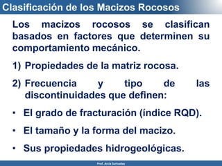 Clasificación de los Macizos Rocosos
Los macizos rocosos se clasifican
basados en factores que determinen su
comportamiento mecánico.
1) Propiedades de la matriz rocosa.
2) Frecuencia y tipo de las
discontinuidades que definen:
• El grado de fracturación (índice RQD).
• El tamaño y la forma del macizo.
• Sus propiedades hidrogeológicas.
Prof. Arcia Surisaday
 