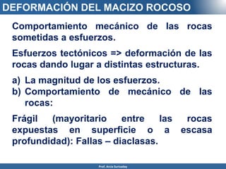 DEFORMACIÓN DEL MACIZO ROCOSO
Comportamiento mecánico de las rocas
sometidas a esfuerzos.
Esfuerzos tectónicos => deformación de las
rocas dando lugar a distintas estructuras.
a) La magnitud de los esfuerzos.
b) Comportamiento de mecánico de las
rocas:
Frágil (mayoritario entre las rocas
expuestas en superficie o a escasa
profundidad): Fallas – diaclasas.
Prof. Arcia Surisaday
 