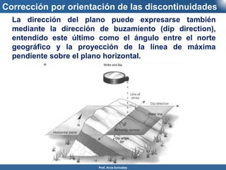 Corrección por orientación de las discontinuidades
La dirección del plano puede expresarse también
mediante la dirección de buzamiento (dip direction),
entendido este último como el ángulo entre el norte
geográfico y la proyección de la línea de máxima
pendiente sobre el plano horizontal.
Prof. Arcia Surisaday
 