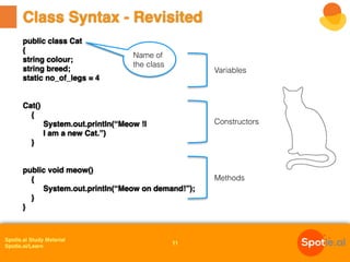 Spotle.ai Study Material
Spotle.ai/Learn
Class Syntax - Revisited
11
public class Cat
{
string colour;
string breed;
static no_of_legs = 4
Cat()
{
System.out.println(“Meow !I
I am a new Cat.”)
}
public void meow()
{
System.out.println(“Meow on demand!”);
}
}
Variables
Methods
Name of
the class
Constructors
 