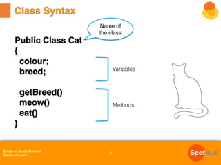 Spotle.ai Study Material
Spotle.ai/Learn
Class Syntax
3
Public Class Cat
{
colour;
breed;
getBreed()
meow()
eat()
}
Variables
Methods
Name of
the class
 