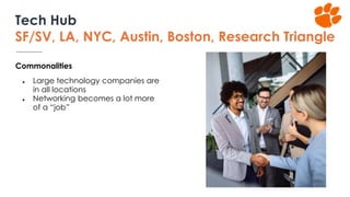 Commonalities
● Large technology companies are
in all locations
● Networking becomes a lot more
of a “job”
Tech Hub
SF/SV, LA, NYC, Austin, Boston, Research Triangle
 