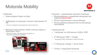 36© 201 Cisco and/or its affiliates. All rights reserved. Cisco Confidential
Motorola Mobility
•  Проблема
•  Смена модели Capex на Opex
•  Требование по миграции сложного приложения 70
VM
•  Заказчик управляет приложением самостоятельно
•  Миграция представляет собой сложную задачу и
происходит часто
•  Несколько смен собственников компании за
короткий промежуток времени
•  Решение – управляемые процессы миграции
•  Моделирование и управление миграцией при
помощи Cloud Center
•  Легкое подключение к новым облакам
•  Использование возможностей по абстракции
приложения
•  Преимущества
•  1 миграция: из собственного ЦОД в AWS
•  2ая Миграция: AWS -> Google
•  Экономия $1M/yr, Eliminate 4 months time/cost
•  3rd Миграция: Google -> Azure China
•  Готовы к следующей миграции
 