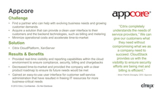 Appcore
Challenge
• Find a partner who can help with evolving business needs and growing
  customer demands                                                                 “Citrix completely
• Acquire a solution that can provide a clean user interface to their          understands the needs of
  customers and the backend technologies, such as billing and metering        service providers,” We can
• Minimize operational costs and accelerate time-to-market                     give our customers what
Solution                                                                           they need without
• Citrix CloudPlatform, XenServer
                                                                              compromising what we as
                                                                                  a company need to
Results & Benefits                                                               succeed. CloudStack
• Provided real-time visibility and reporting capabilities within the cloud       provides us with the
  environment to ensure compliance, security, billing and chargebacks         visibility to ensure security
• Decreased time-to-market and provided the company with a clear               efforts are being met and
  product roadmap to ensure its future needs would be met                          billing is efficient.”
• Gained an easy-to-use user interface for customer self-service                 - Brian Patrick Donaghy, CEO, Appcore
  administration that have resulted in freeing IT resources for more
  business-critical needs
  © 2012 Citrix | Confidential – Do Not Distribute
 