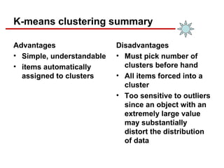 K-means clustering summary
Advantages
• Simple, understandable
• items automatically
assigned to clusters
Disadvantages
• Must pick number of
clusters before hand
• All items forced into a
cluster
• Too sensitive to outliers
since an object with an
extremely large value
may substantially
distort the distribution
of data
 