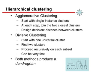 Hierarchical clustering
• Agglomerative Clustering
– Start with single-instance clusters
– At each step, join the two closest clusters
– Design decision: distance between clusters
• Divisive Clustering
– Start with one universal cluster
– Find two clusters
– Proceed recursively on each subset
– Can be very fast
• Both methods produce a
dendrogram
g a c i e d k b j f h
 