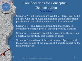 Core Scenarios for Conceptual
Demonstration
(Partial list only)
• Scenario A – all resources are available – target will be hit
on time with the relevant ammunition on the appropriate
platform and the mission objective will be achieved
• Scenario B – an alternate ammunition (secondary in
compliance to target profile) on compromised platform
• Scenario C – unknown probability to achieve the mission
objective successfully due to delay in attack
• Scenario D – analysis of the best mission objective with
the considerations of the success of it and its impact on the
theater behavior
2/10/2013 116
© 2008 K.V.P Consulting; CMMI-Mils Presentation Version 2.2
 