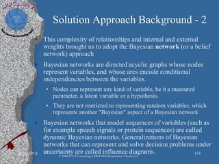 Solution Approach Background - 2
• This complexity of relationships and internal and external
weights brought us to adopt the Bayesian network (or a belief
network) approach
• Bayesian networks are directed acyclic graphs whose nodes
represent variables, and whose arcs encode conditional
independencies between the variables.
• Nodes can represent any kind of variable, be it a measured
parameter, a latent variable or a hypothesis.
• They are not restricted to representing random variables, which
represents another "Bayesian" aspect of a Bayesian network
• Bayesian networks that model sequences of variables (such as
for example speech signals or protein sequences) are called
dynamic Bayesian networks. Generalizations of Bayesian
networks that can represent and solve decision problems under
uncertainty are called influence diagrams.2/10/2013 119
© 2008 K.V.P Consulting; CMMI-Mils Presentation Version 2.2
 