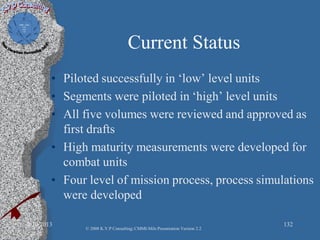 Current Status
• Piloted successfully in ‘low’ level units
• Segments were piloted in ‘high’ level units
• All five volumes were reviewed and approved as
first drafts
• High maturity measurements were developed for
combat units
• Four level of mission process, process simulations
were developed
2/10/2013 132
© 2008 K.V.P Consulting; CMMI-Mils Presentation Version 2.2
 