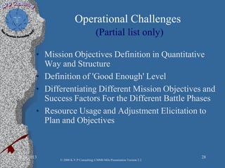 Operational Challenges
(Partial list only)
• Mission Objectives Definition in Quantitative
Way and Structure
• Definition of 'Good Enough' Level
• Differentiating Different Mission Objectives and
Success Factors For the Different Battle Phases
• Resource Usage and Adjustment Elicitation to
Plan and Objectives
2/10/2013 28
© 2008 K.V.P Consulting; CMMI-Mils Presentation Version 2.2
 