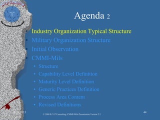 Agenda 2
• Industry Organization Typical Structure
• Military Organization Structure
• Initial Observation
• CMMI-Mils
• Structure
• Capability Level Definition
• Maturity Level Definition
• Generic Practices Definition
• Process Area Content
• Revised Definitions
2/10/2013 44
© 2008 K.V.P Consulting; CMMI-Mils Presentation Version 2.2
 