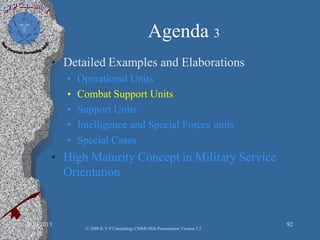 Agenda 3
• Detailed Examples and Elaborations
• Operational Units
• Combat Support Units
• Support Units
• Intelligence and Special Forces units
• Special Cases
• High Maturity Concept in Military Service
Orientation
2/10/2013 92
© 2008 K.V.P Consulting; CMMI-Mils Presentation Version 2.2
 