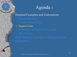 Agenda 3
• Detailed Examples and Elaborations
• Operational Units
• Combat Support Units
• Support Units
• Intelligence and Special Forces units
• Special Cases
• High Maturity Concept in Military Service
Orientation
2/10/2013 94
© 2008 K.V.P Consulting; CMMI-Mils Presentation Version 2.2
 