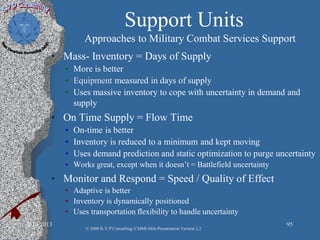 Support Units
Approaches to Military Combat Services Support
• Mass- Inventory = Days of Supply
• More is better
• Equipment measured in days of supply
• Uses massive inventory to cope with uncertainty in demand and
supply
• On Time Supply = Flow Time
• On-time is better
• Inventory is reduced to a minimum and kept moving
• Uses demand prediction and static optimization to purge uncertainty
• Works great, except when it doesn’t = Battlefield uncertainty
• Monitor and Respond = Speed / Quality of Effect
• Adaptive is better
• Inventory is dynamically positioned
• Uses transportation flexibility to handle uncertainty
2/10/2013 95
© 2008 K.V.P Consulting; CMMI-Mils Presentation Version 2.2
 