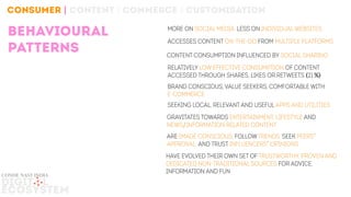 consumer | content | commerce | customisation
behavioural
patterns Content consumption influenced by social sharing
Accesses content on-the-go from multiple platforms
Relatively low effective consumption of content
accessed through shares, likes or retweets (21 %)
brand conscious, value seekers, comfortable with
E-commerce
seeking local, relevant and useful apps and utilities
gravitates towards entertainment, lifestyle and
news/information related content
Are Image Conscious, Follow Trends, seek peers’
approval, and trust influencers’ opinions
have evolved their own set of trustworthy, proven and
dedicated non-traditional sources for advice,
information and fun
more on social media. less on individual websites.
DIGIT L
ECOSYSTEM
conde nast india
 