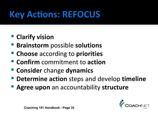    Clarify vision
   Brainstorm possible solutions
   Choose according to priorities
   Confirm commitment to action
   Consider change dynamics
   Determine action steps and develop timeline
   Agree upon an accountability structure

      Coaching 101 Handbook - Page 35
 