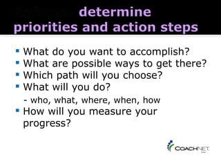  What do you want to accomplish?
 What are possible ways to get there?
 Which path will you choose?
 What will you do?
    - who, what, where, when, how
   How will you measure your
    progress?
Coaching 101 Handbook - page 5
 