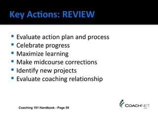    Evaluate action plan and process
   Celebrate progress
   Maximize learning
   Make midcourse corrections
   Identify new projects
   Evaluate coaching relationship


    Coaching 101 Handbook - Page 59
 