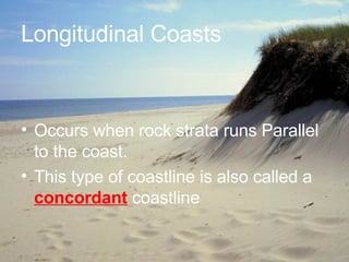 Longitudinal Coasts Occurs when rock strata runs Parallel to the coast. This type of coastline is also called a  concordant  coastline 