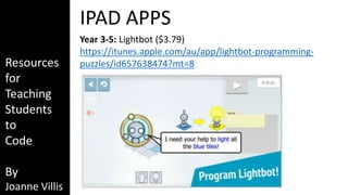 Resources 
for 
Teaching 
Students 
to 
Code 
By 
Joanne Villis 
IPAD APPS 
Year 3-5: Lightbot ($3.79) 
https://itunes.apple.com/au/app/lightbot-programming-puzzles/ 
id657638474?mt=8 
 