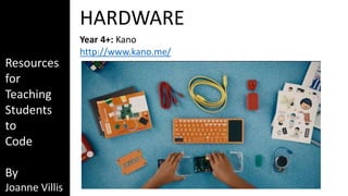 Resources 
for 
Teaching 
Students 
to 
Code 
By 
Joanne Villis 
HARDWARE 
Year 4+: Kano 
http://www.kano.me/ 
 