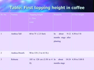 Table: First topping height in coffee
Sl. No. Variety Topping height
I - Tire
(cm)
Remarks II Tier height
1 Arabica Tall 60 to 75 ( 2.5 feet) In about 9-12
months stage after
planting
4.50 to 5 ft
2 Arabica Dwarfs 90 to 135 ( 3 to 4.5 ft.)
3 Robusta 105 to 120 cm (3.50 to 4
ft)
In about 18-24
months stage
4.50 to 5.00 ft
 