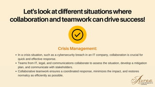 In a crisis situation, such as a cybersecurity breach in an IT company, collaboration is crucial for
quick and effective response.
Teams from IT, legal, and communications collaborate to assess the situation, develop a mitigation
plan, and communicate with stakeholders.
Collaborative teamwork ensures a coordinated response, minimizes the impact, and restores
normalcy as efficiently as possible.
Crisis Management:
Let'slookatdifferentsituationswhere
collaborationandteamworkcandrivesuccess!
 