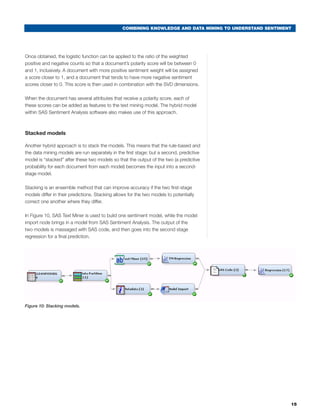 COMBINING KNOWLEDGE AND DATA MINING TO UNDERSTAND SENTIMENT




Once obtained, the logistic function can be applied to the ratio of the weighted
positive and negative counts so that a document’s polarity score will be between 0
and 1, inclusively. A document with more positive sentiment weight will be assigned
a score closer to 1, and a document that tends to have more negative sentiment
scores closer to 0. This score is then used in combination with the SVD dimensions.

When the document has several attributes that receive a polarity score, each of
these scores can be added as features to the text mining model. The hybrid model
within SAS Sentiment Analysis software also makes use of this approach.



Stacked models

Another hybrid approach is to stack the models. This means that the rule-based and
the data mining models are run separately in the first stage; but a second, predictive
model is “stacked” after these two models so that the output of the two (a predictive
probability for each document from each model) becomes the input into a second-
stage model.

Stacking is an ensemble method that can improve accuracy if the two first-stage
models differ in their predictions. Stacking allows for the two models to potentially
correct one another where they differ.

In Figure 10, SAS Text Miner is used to build one sentiment model, while the model
import node brings in a model from SAS Sentiment Analysis. The output of the
two models is massaged with SAS code, and then goes into the second stage
regression for a final prediction.




Figure 10: Stacking models.




                                                                                                          15
 