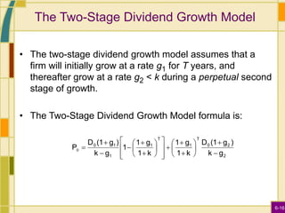 6-16
The Two-Stage Dividend Growth Model
• The two-stage dividend growth model assumes that a
firm will initially grow at a rate g1 for T years, and
thereafter grow at a rate g2 < k during a perpetual second
stage of growth.
• The Two-Stage Dividend Growth Model formula is:
2
2
0
T
1
T
1
1
1
0
g
k
)
g
(1
D
k
1
g
1
k
1
g
1
1
g
k
)
g
(1
D
P































0
 