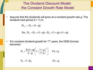 6-7
The Dividend Discount Model:
the Constant Growth Rate Model
• Assume that the dividends will grow at a constant growth rate g. The
dividend next period (t + 1) is:
• For constant dividend growth for “T” years, the DDM formula
becomes:
g
k
if
D
T
P
g
k
if
k
1
g
1
1
g
k
g)
(1
D
P
0
0
T
1
0
























 
g)
(1
g)
(1
D
g)
(1
D
D
So,
g
1
D
D
0
1
2
t
1
t












 