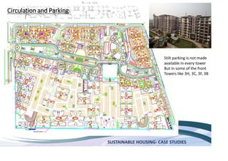 SUSTAINABLE HOUSING- CASE STUDIES
Circulation and Parking
Stilt parking is not made
available in every tower
But in some of the front
Towers like 3H, 3C, 3F, 3B
 