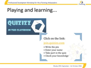 Playing and learning...
Click on the link:
join.quizizz.com
• Write the pin
• Enter your name
• Take part in the quiz
• Check your knowledge
 