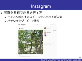 TOKYO JOHO UNIVERSITYTOKYO UNIVERSITY OF INFORMATION SCIENCES
Instagram
 写真を共有できるメディア
 インスタ映えするスイーツやスポットが人気
 ハッシュタグ（#）で検索
23
 