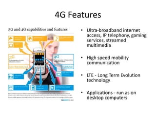 4G FeaturesUltra-broadband internet access, IP telephony, gaming services, streamed multimediaHigh speed mobility communicationLTE - Long Term Evolution technologyApplications - run as on desktop computers