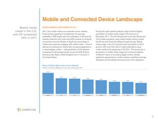 Mobile and Connected Device Landscape
    Mobile media     MOBILE MEDIA USE SOARS IN 2011
 usage in the U.S.   2011 saw mobile media use accelerate across markets,              Among the eight markets analyzed, Japan had the highest
and UK surpassed     fueled by the popularity of smartphones, the growing              penetration of mobile media usage at 76.2 percent in
                     availability of WiFi paired with the proliferation of 3G and 4G   December 2011. The UK followed with more than 56 percent
     50% in 2011     wireless networks, and continuing shifts towards a constantly     of its mobile population using mobile media, having crossed
                     connected consumer lifestyle. A significant percentage of         the 50-percent threshold halfway through the year. Mobile
                     mobile users reported engaging with mobile media – which is       media usage in the U.S. showed similar penetration of 55.2
                     defined as browsing the mobile web, accessing applications        percent, with more than half of mobile subscribers using
                     or downloading content – with penetration of this behavior        mobile media at the beginning of Q3 2011. The strong rise in
                     increasing 9.2 percentage points across the EU5 (France,          penetration of mobile media usage and continued adoption
                     Germany, Italy, Spain, United Kingdom) and 11.6 points in         of different means of accessing digital content indicate
                     the United States.                                                significant opportunity for content creators, publishers and app
                                                                                       developers as this behavior becomes even more ubiquitous.

                     Share of Mobile Media Users Across Markets
                     Source: comScore MobiLens, 3 mon. avg. ending Dec-2011

                          76.2%



                                           56.6%             55.2%
                                                                              49.9%
                                                                                           49.7%
                                                                                                            43.9%            43.6%
                                                                                                                                              40.0%




                          JAPAN              UK               U.S.            CANADA       SPAIN           FRANCE            ITALY          GERMANY




                                                                                                                                                          6
 