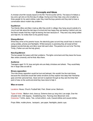 Methembe Darikwa
Concepts and Ideas
A christian short film loosely based on the film The Encounter (2010). The basis of it follows a
boy and a girl who on the first day of college. During lunch they help a boy who is bullied by
three people for his weird clothes. Later they meet the boys parents and they start to have a
conversation about modern day problems.
Equilibrium
Two friends (Alice and Alex) meet up after they enroll in college, they hang around outside of a
church and talk about the last days of school and how happy they are leaving it behind and one
the friend reveals that they might be leaving the town because of . They see a boy being bullied
and help him, he invites them to his parents house.
Disequilibrium
When they arrive at his parents house, the electricity goes out and they would have to resort to
using candles, phones and flashlights. Whilst everyone is panicking they all reveal all their
deepest secrets that alex and Alice never told each other. The parents turn out to be The holy
Trinity ( Father son and the holy ghost).
New Equilibrium
The two people find peace with their problems. The lights come back and they leave the house.
Alex enters university and he finds Alice there.
Audience
Teenagers aged 15-19, boys and girls who are likely christians and atheist. They would likely
live in large cities as well as
Binary opposition
The main binary opposition would be trust and betrayal, this wouldn’t be the main binary
because the characters would feel varies emotions as they explore how deep their friendship
goes and their personal lives. Good and evil is explored through as they ask the trinity their
point of view on the world and what they have done to help it.
Mise en scene
Locations: House, Church, Football field, Park, Street corner, Bedroom.
Types of shots: Medium shot, close up, Extreme close up, long shot, Low angle, Over the
shoulder shot (180 degree), Establishing shot, Panning shot, Movement shot.
Costumes: T shirts, Jeans, Ties, school uniform, suits, Causal clothes and causal clothes.
Props: Bible, mobile phone, backpack, pen paper, flashlights, plastic cups.
 