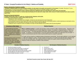 6th Grade ~ Conceptual Foundations for Unit of Study 9 – Statistics and Probability                                                                                            DRAFT 3/15/12

Develop understanding of statistical variability.
1. Recognize a statistical question as one that anticipates variability in the data related to the question and accounts for it in the answers. For example, “How old am I?” is not a
statistical question, but “How old are the students in my school?” is a statistical question because one anticipates variability in students’ ages.
2. Understand that a set of data collected to answer a statistical question has a distribution which can be described by its center, spread, and overall shape.
3. Recognize that a measure of center for a numerical data set summarizes all of its values with a single number, while a measure of variation describes how its values vary with a
single number.

Summarize and describe distributions.
4. Display numerical data in plots on a number line, including dot plots, histograms, and box plots.
5. Summarize numerical data sets in relation to their context, such as by:
          a. Reporting the number of observations.
          b. Describing the nature of the attribute under investigation, including how it was measured and its units of measurement.
          c. Giving quantitative measures of center (median and/or mean) and variability (inter-quartile range and/or mean absolute deviation), as well as describing any overall pattern and any
          striking deviations from the overall pattern with reference to the context in which the data were gathered.
          d. Relating the choice of measures of center and variability to the shape of the data distribution and the context in which the data were gathered.

     Connections to Other Grades                                                                             Statistical Questions

In 1st grade students ask and answer            What is a statistical question? A question that generates a variety of answers is called a statistical question. Depending on the
questions about the data points in a graph.     question, the type of data gathered can be either categorical or numerical. An example of a categorical question is “What is your
A study of line plots is provided in grades 2   favorite type of pizza?” The answers generated by this question will be categories of pizza types such as pepperoni, cheese, or
through 5. Picture graphs and bar graphs
                                                sausage. An example of a numerical question is “How many pencils does each member of our class have in his or her desk?” A
are studied in grades 2 and 3. Therefore, 6th
grade is a foundational year for histograms     variety of numerical answers about the number of pencils would be given by a typical 6th grade class.
and box plots.
                                                In 6th grade, the focus should be on statistical questions that generate numerical data. Once the data is gathered, it can be organized
Generating statistical questions and looking    in a table and/or displayed in a graph. The types of graphs to be focused on in 6th grade are dot plots (line plots), histograms, and
at the distribution of data to identify         box plots (box-and-whisker plots.) After organizing the data into tables and/or graphs, students will analyze the data finding
measures of center, spread, and overall         measures of center and measures of variation to draw conclusions.
shape is new in 6th grade. These skills lay
the foundation for statistics and probability
in 7th and 8th grades.
                            Examples of Statistical Questions                                                                Non-Examples of Statistical Questions

          How old are the students in my school?                                                             How old am I?
          How many pets are owned by each student in my grade level?                                         How many pets do I own?
          What are the math test scores of the students in my class?                                         What is my math test score?
          How many cupcakes of each type were made at the bakery in a week?                                  What is my favorite type of cupcake?
          How many letters are in the names of each person in my class?                                      How many letters are in my name?
          What is the height of each person in my class?                                                     What is my height?




                                                               Utah District Consortium (Jordan, Davis, Granite, Salt Lake), 2012
 