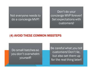 (4) AVOID THESE COMMON MISSTEPS
Not everyone needs to
do a concierge MVP!
Don’t do your
concierge MVP forever!
Set expectationswith
customers!
Do small batchesso
you don’t overwhelm
yourself!
Be careful what you tell
customers!Don’t lie,
but also set them up
for the real thing later!
 