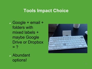 Tools Impact Choice
Google + email +
folders with
mixed labels +
maybe Google
Drive or Dropbox
= ?
Abundant
options!
23
 