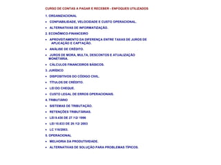 CURSO DE CONTAS A PAGAR E RECEBER - ENFOQUES UTILIZADOS
1. ORGANIZACIONAL
• CONFIABILIDADE, VELOCIDADE E CUSTO OPERACIONAL.
• ALTERNATIVAS DE INFORMATIZAÇÃO.
2. ECONÔMICO-FINANCEIRO
• APROVEITAMENTO DA DIFERENÇA ENTRE TAXAS DE JUROS DE
APLICAÇÃO E CAPTAÇÃO.
• ANÁLISE DE CRÉDITO.
• JUROS DE MORA, MULTA, DESCONTOS E ATUALIZAÇÃO
MONETÁRIA.
• CÁLCULOS FINANCEIROS BÁSICOS.
3. JURÍDICO
• DISPOSITIVOS DO CÓDIGO CIVIL.
• TÍTULOS DE CRÉDITO.
• LEI DO CHEQUE.
• CUSTO LEGAL DE ERROS OPERACIONAIS.
4. TRIBUTÁRIO
• SISTEMAS DE TRIBUTAÇÃO.
• RETENÇÕES TRIBUTÁRIAS.
• LEI 9.430 DE 27 /12/ 1996
• LEI 10.833 DE 29 /12/ 2003
• LC 116/2003.
5. OPERACIONAL
• MELHORIA DA PRODUTIVIDADE.
• ALTERNATIVAS DE SOLUÇÃO PARA PROBLEMAS TÍPICOS.
 