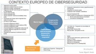 Fuente: Miguel A. Amutio
(No exhaustivo)
• Reglamento 910/2014 eIDAS
• Reglamento 2016/679 Protección de datos
• Reglamento 2019/881 Ciberseguridad
• Reglamento 2021/887 Centro Europeo de Competencias
en Ciberseguridad
• Directiva 2016/1148 NIS
• Directiva 2022/2555 NIS2
• Directiva 2022/2557 resiliencia de entidades críticas
(CER)
• Conclusiones del Consejo sobre la seguridad de la
cadena de suministro
• EU Policy on Cyber Defence
• Propuesta de Reglamento eIDAS 2
• Propuesta de Reglamento de ciber resiliencia (CRA)
• Propuesta de Reglamento DORA
• Propuesta Reglamento ciberseguridad instituciones UE
• Propuesta Reglamento seguridad de la información
instituciones UE
• Propuestas de Esquemas de Certificación (EUCC,
EUCS)
• Cooperación internacional en normas y especificaciones de
ciberseguridad
• Cooperación con terceros países
• Cooperación sobre ciberdelito / ciberdefensa
• Grupo de Cooperación NIS
• Centro Europeo de Competencias en Ciberseguridad- ECCC
• Red de Centros Nacionales de Coordinación
• Comunidad de Ciberseguridad
• ENISA
• CERT-UE (para Instituciones y agencias de la UE)
• Redes 5G Toolbox
• Seguridad en internet (DNS4EU)
• Ejercicios de ciberseguridad
• Rolling Programe for ICT (Ciberseguridad)
• …
• Joint Cyber Unit – Cooperación de comunidades de
ciberseguridad
• Red de CSIRT (Directiva NIS)
• Red CyCLONe – para gestión de crisis
• …
Photo by Sara Kurfeß on Unsplash
+ Recursos de
financiación
+ Recursos de
financiación
• Digital Europe Programme - Ciberseguridad
• Horizon Europe
CONTEXTO EUROPEO DE CIBERSEGURIDAD
Cooperación
Gobernanza
Comunidad
Marco legal
Capacidades
operacionales
prevención,
detección y
respuesta
 